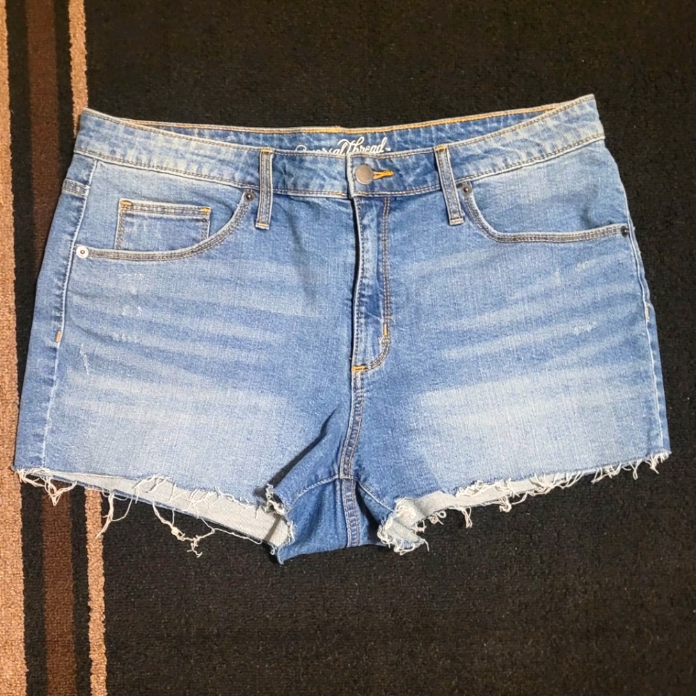 Medium wash high rise shorties